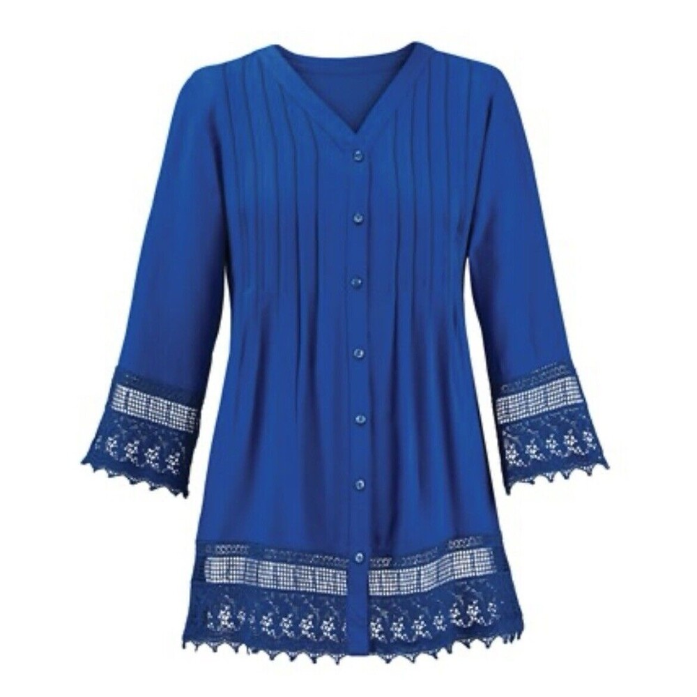 Collections Etc. Women’s Pintuck Lace Trim Button Down V Neck Tunic Medium Blue